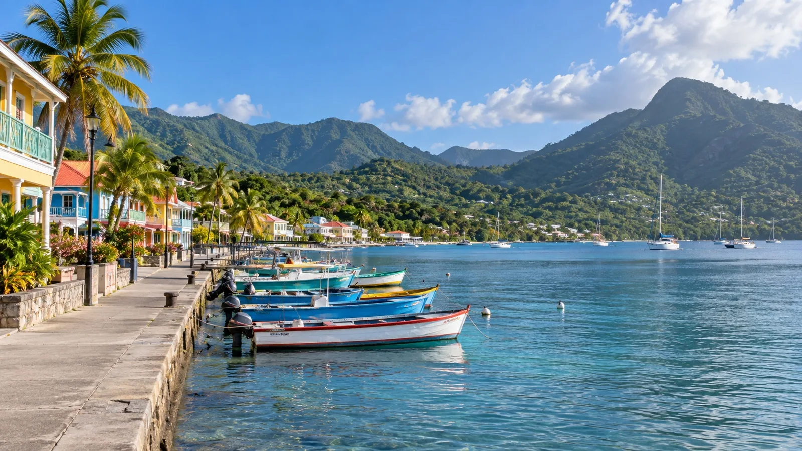 Colorful waterfront buildings and fishing boats in Portsmouth Dominica