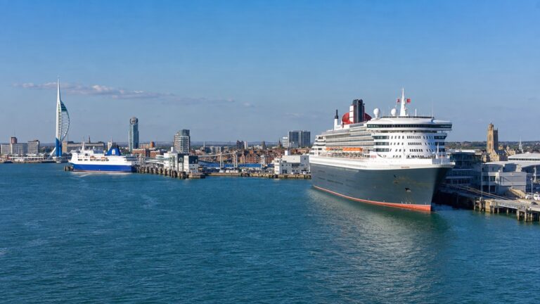 Cruise ship at Portsmouth International Port with the city skyline beyond