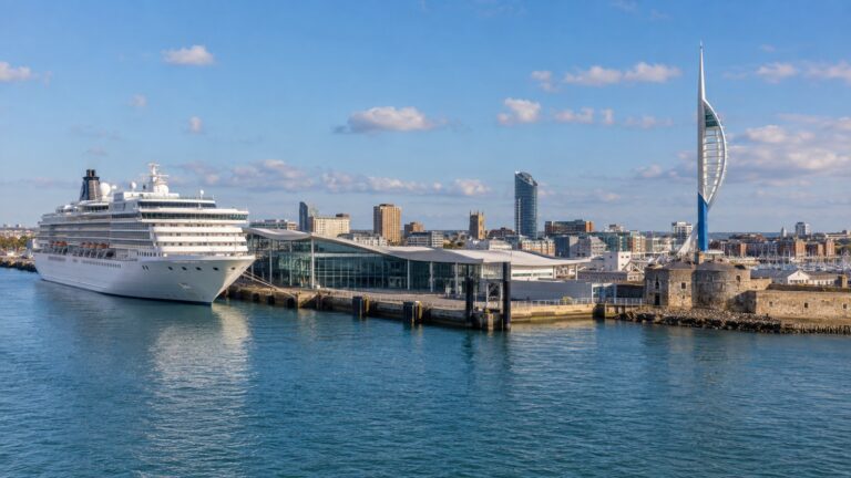 Portsmouth International Port cruise terminal with a white cruise ship docked by the Solent and city skyline
