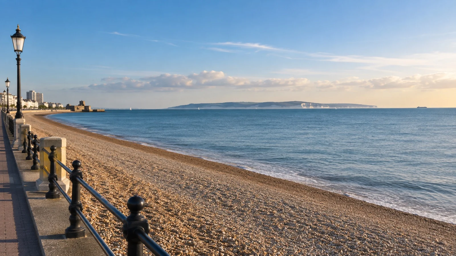 Empty pebble beach and promenade on the Southsea seafront