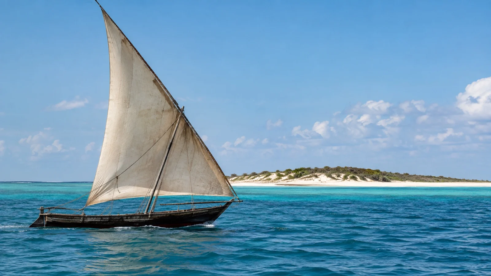 Traditional dhow sailing near Portuguese Island, Mozambique, with no visible crew