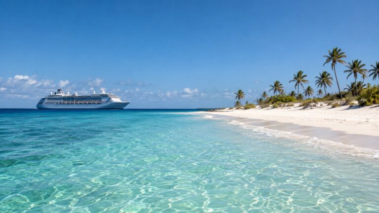Cruise ship anchored offshore from Portuguese Island, Mozambique, beside clear turquoise water