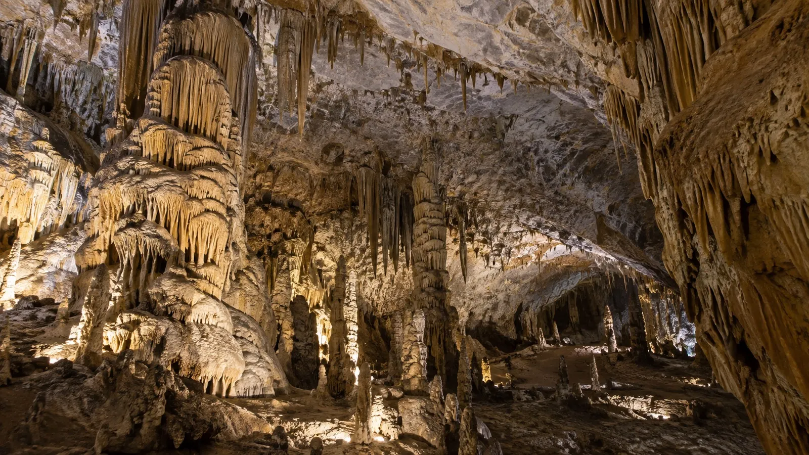 Limestone stalactites and stalagmites inside Postojna Cave