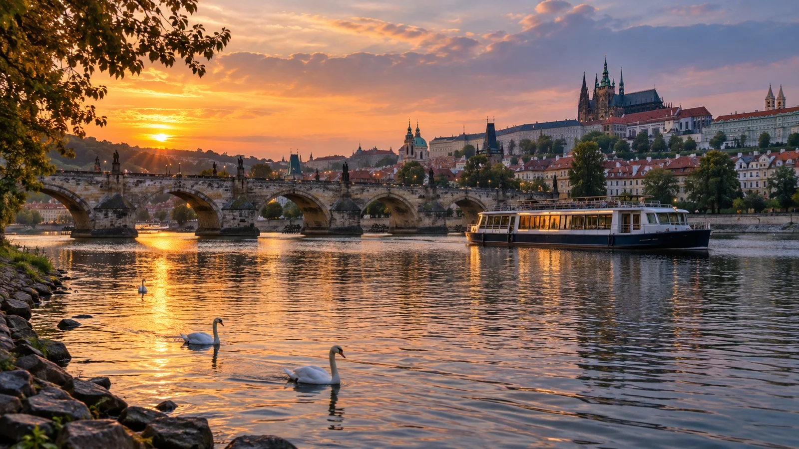 Vltava riverfront at dusk