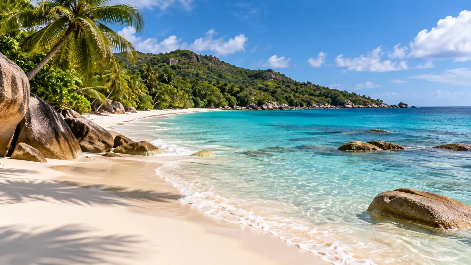 Anse Lazio Beach on Praslin with granite boulders and palms