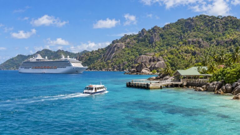 Cruise ship and tender off Praslin in Seychelles