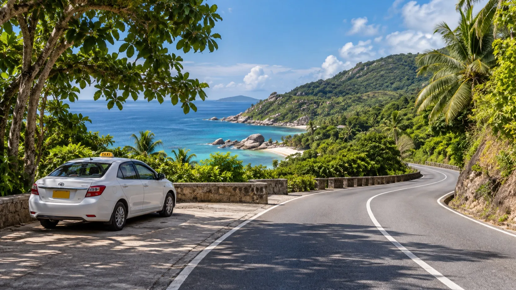 Road and island taxi among Praslin’s tropical hills