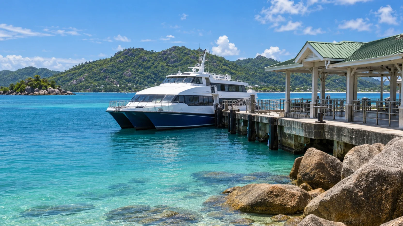 Ferry at Praslin’s jetty for the trip to La Digue
