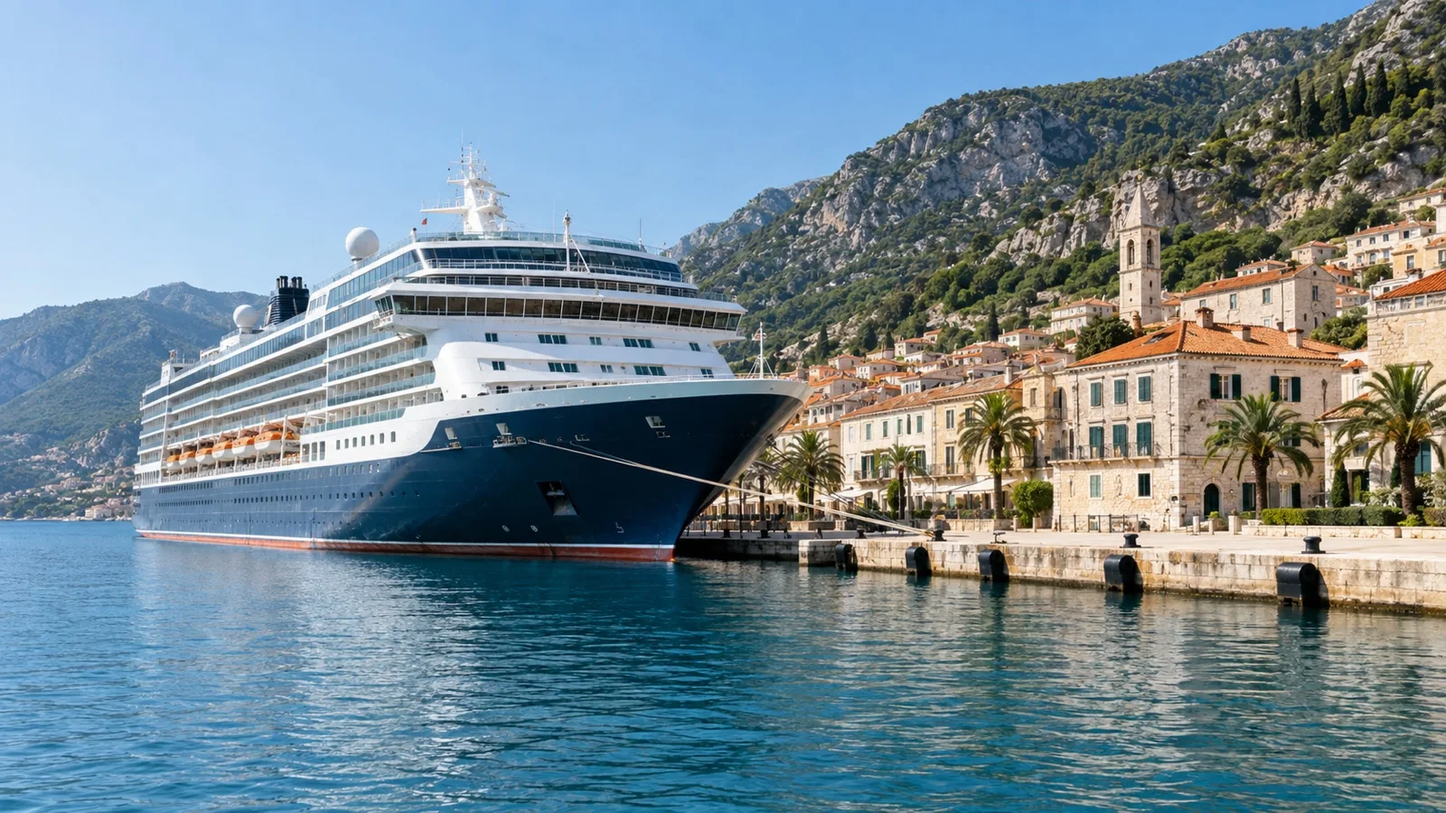 Mid-sized premium cruise ship docked at a Mediterranean port