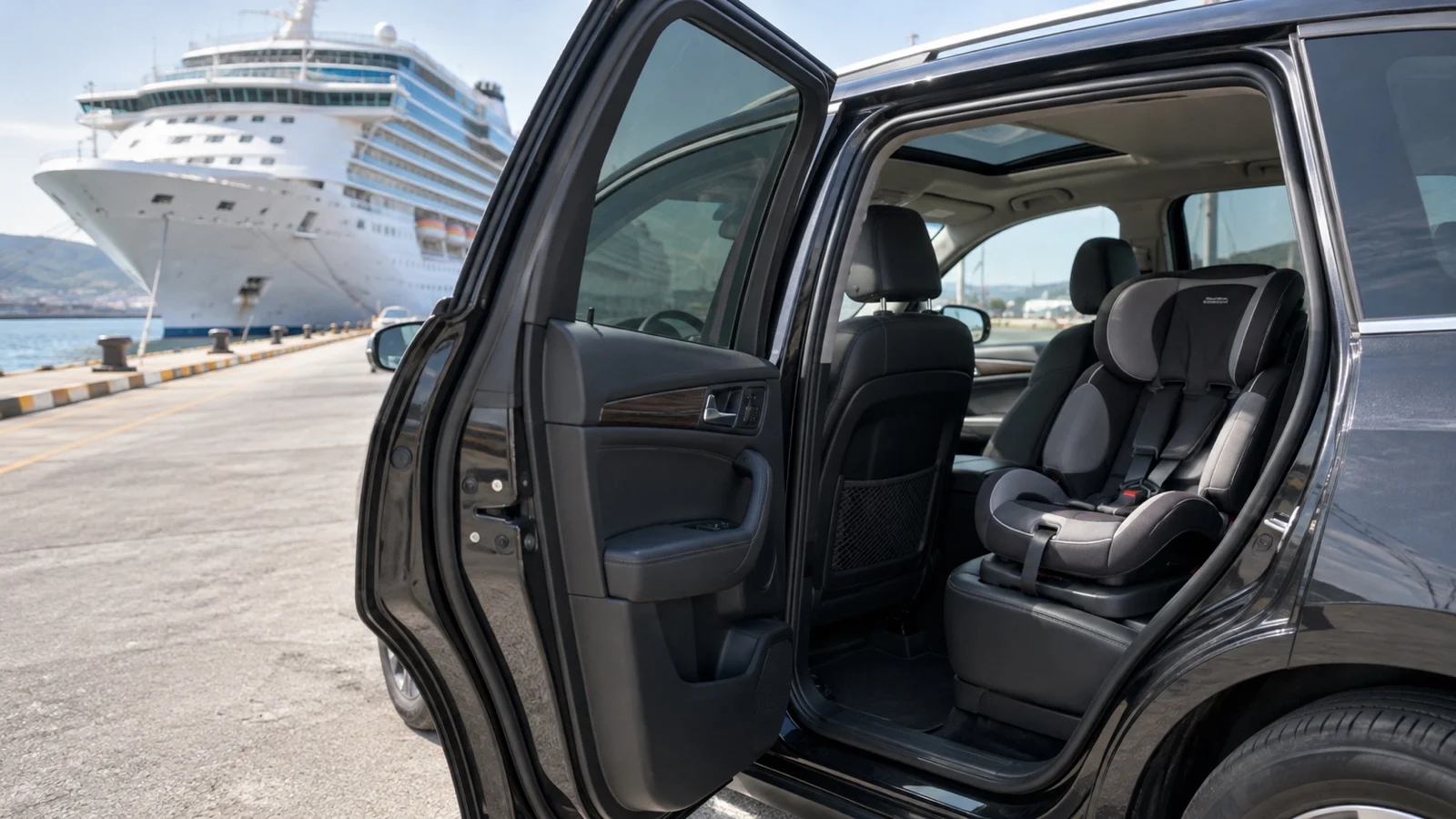 Empty car with child seat installed beside cruise pier