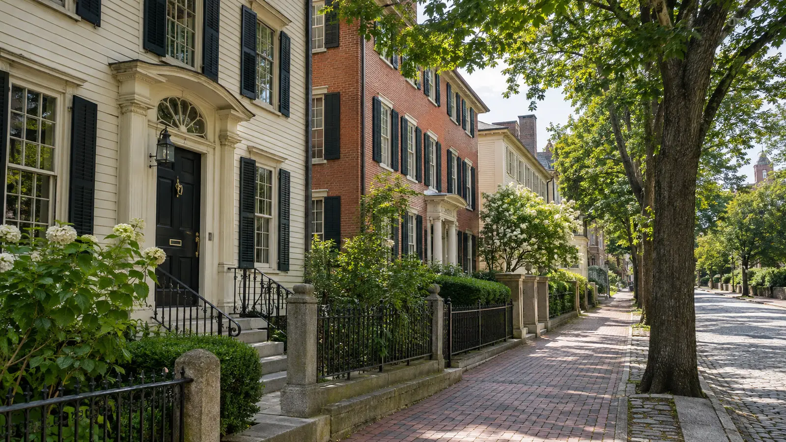 Benefit Street College Hill Providence historic colonial houses and leafy sidewalks, no people