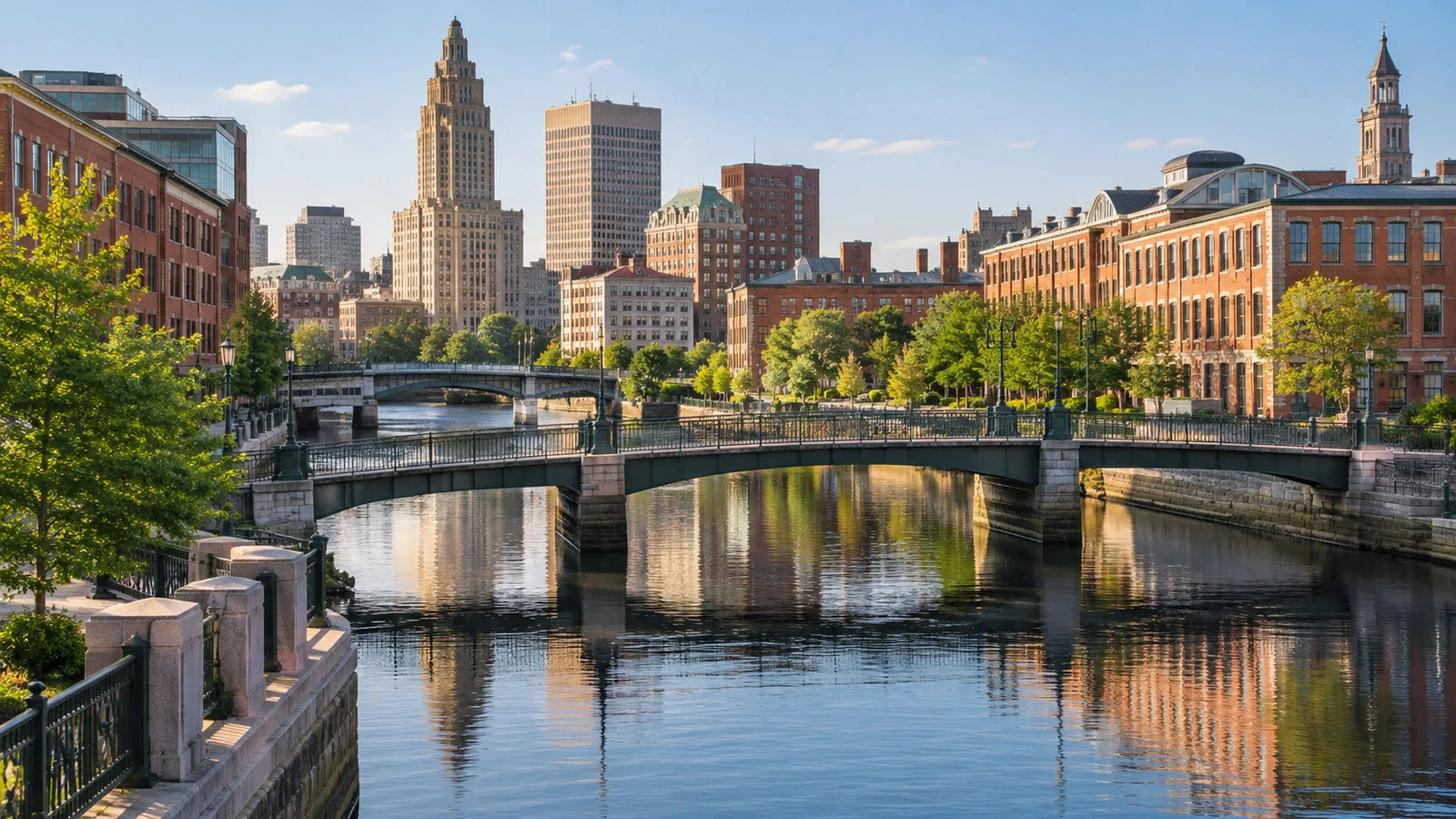 Downtown Providence Rhode Island rivers and graceful pedestrian bridges with brick city buildings, no people