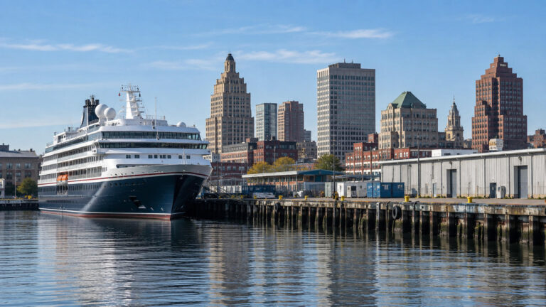 Small cruise ship at India Street waterfront Providence Rhode Island with industrial quay and city skyline beyond, no people