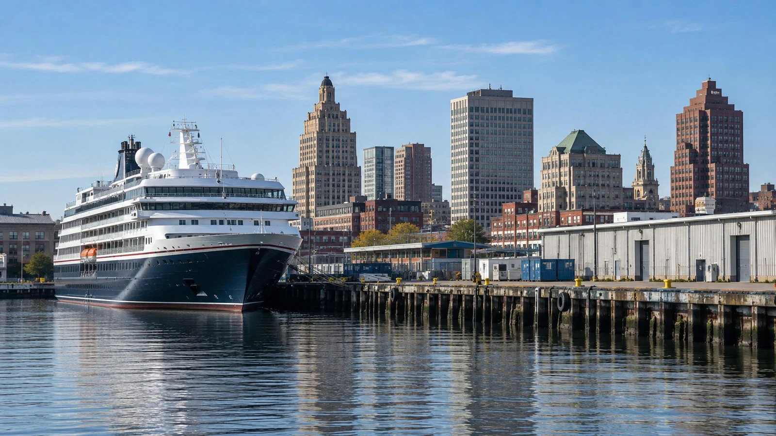 Small cruise ship at India Street waterfront Providence Rhode Island with industrial quay and city skyline beyond, no people