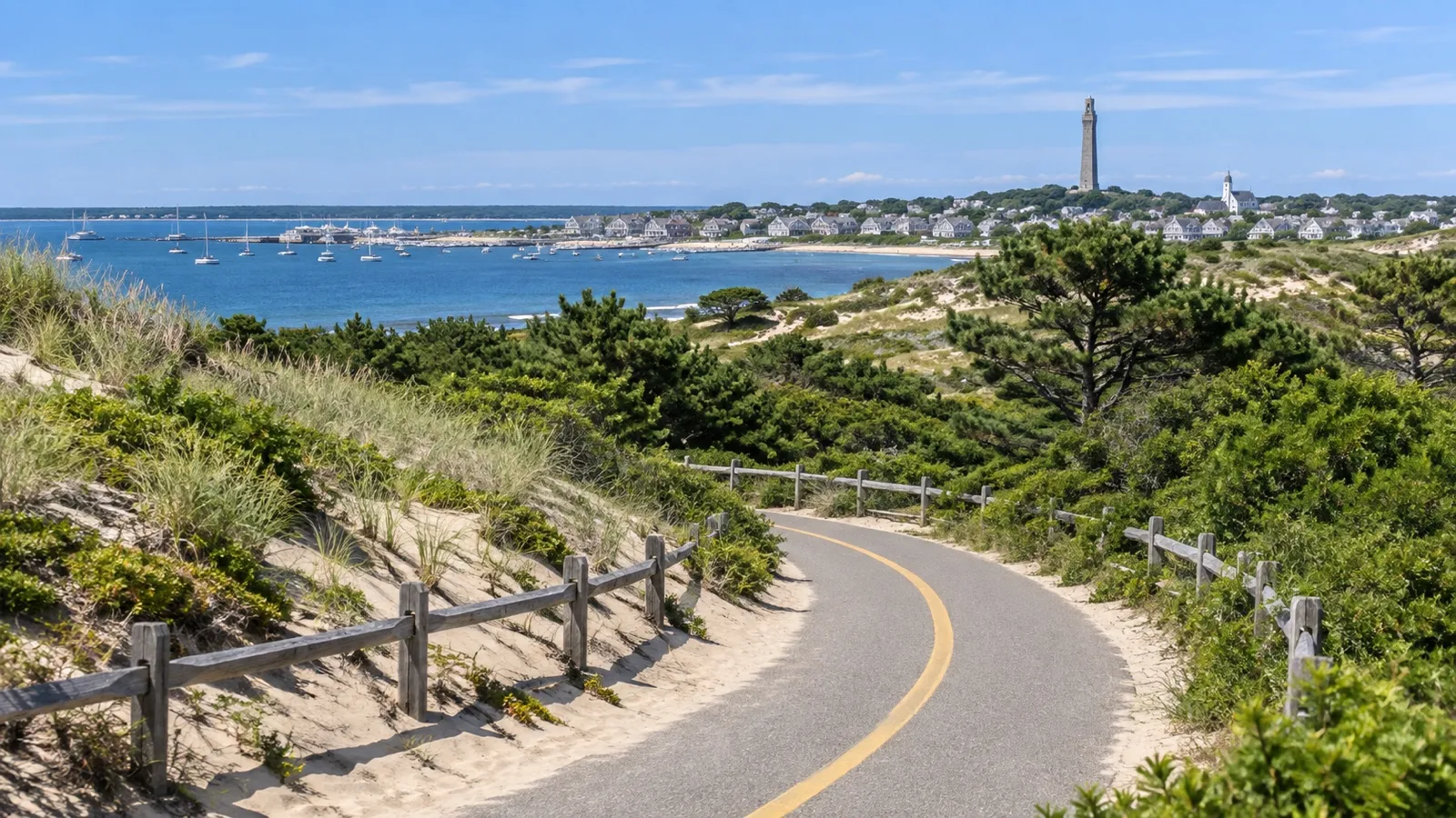 Empty bicycle path winding through the Province Lands dunes