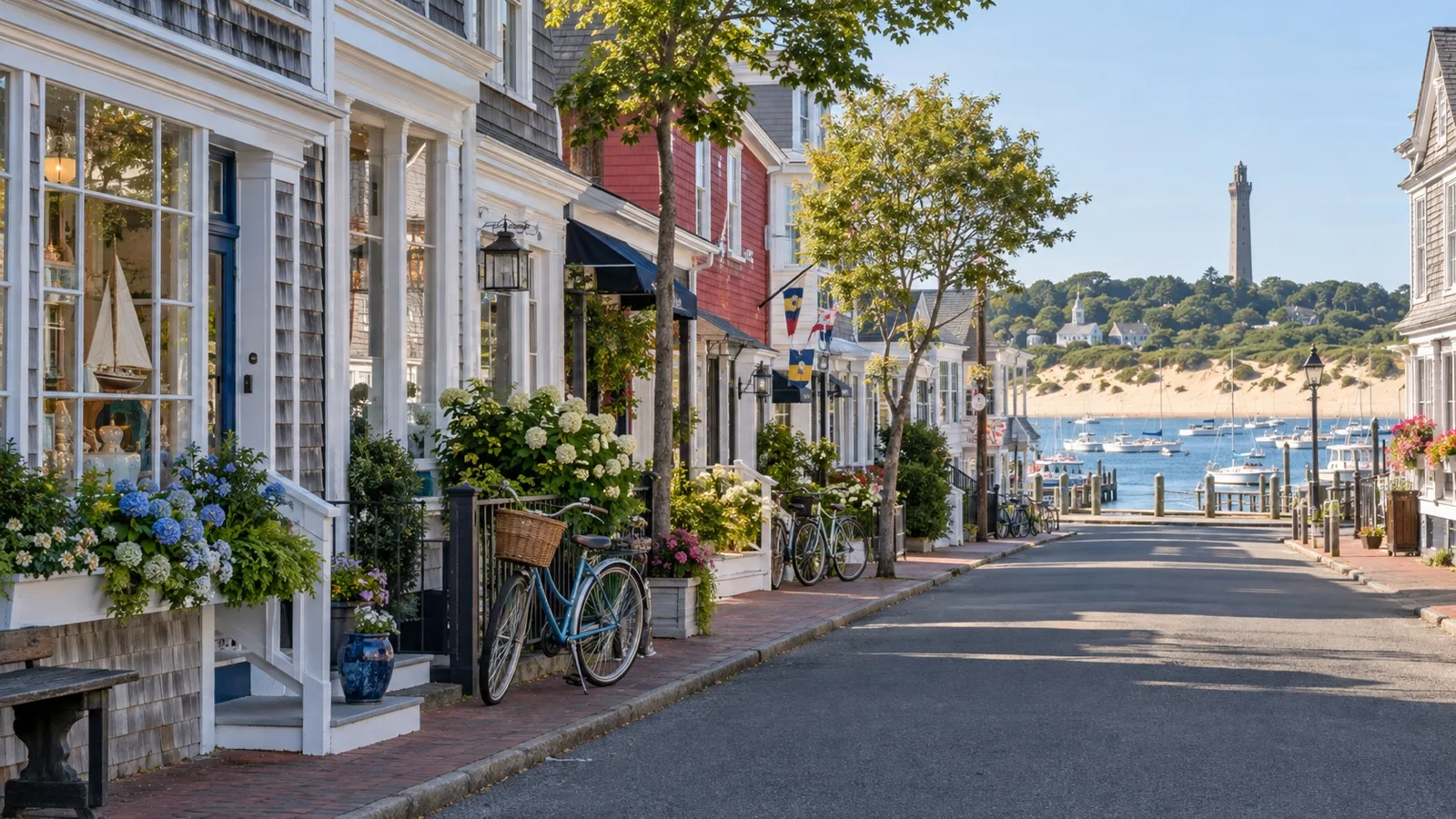 Colorful storefronts along Commercial Street in Provincetown