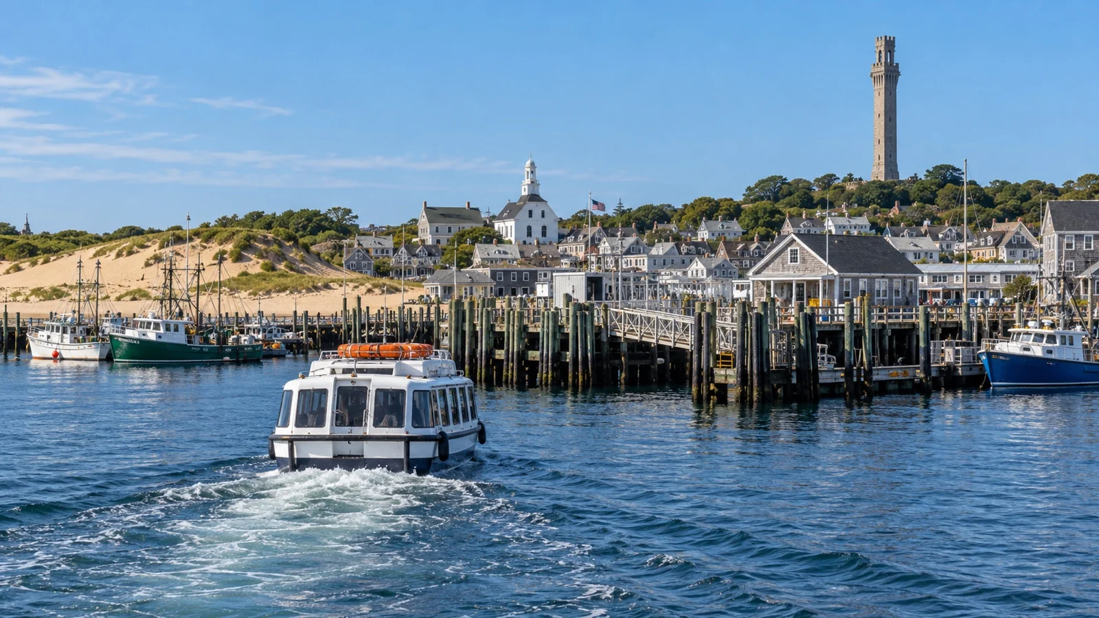 Tender boat approaching MacMillan Pier in Provincetown