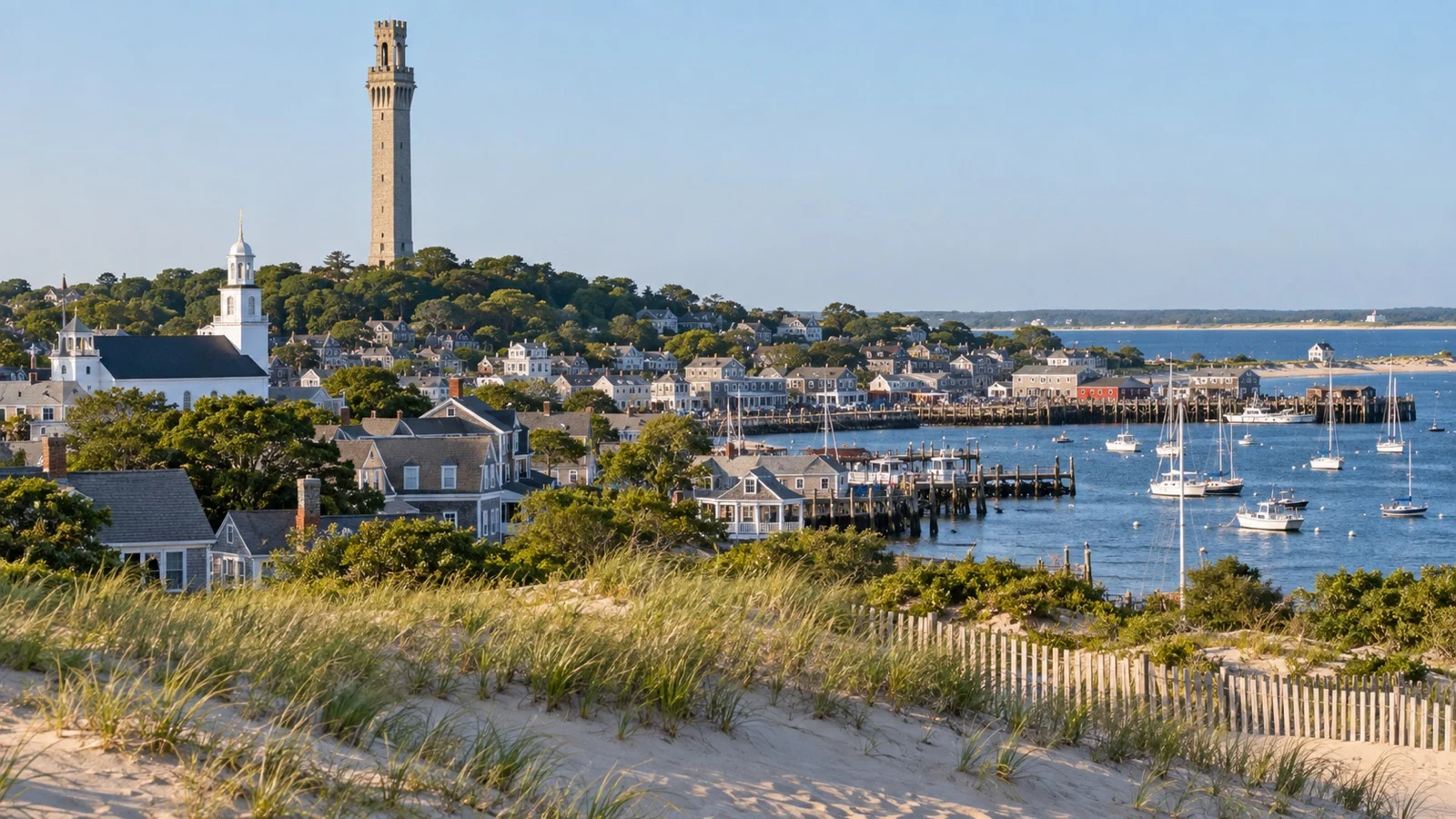 Pilgrim Monument rising above Provincetown and its harbor