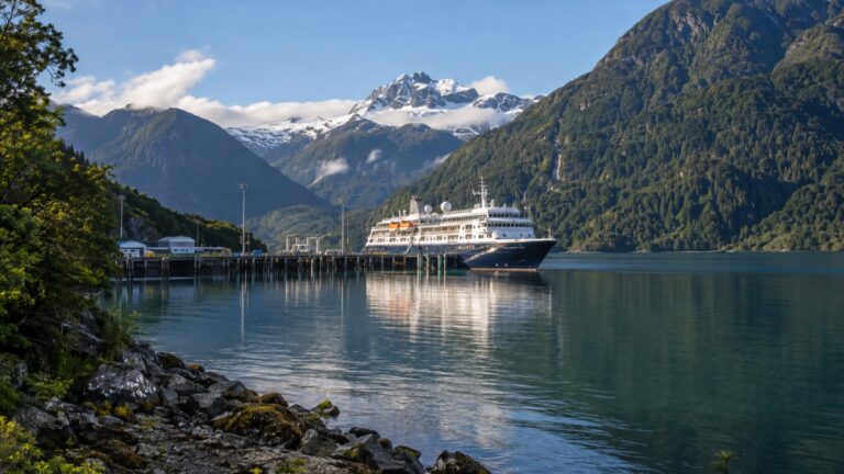 A cruise ship at Puerto Chacabuco amid the forested mountains of Chilean Patagonia