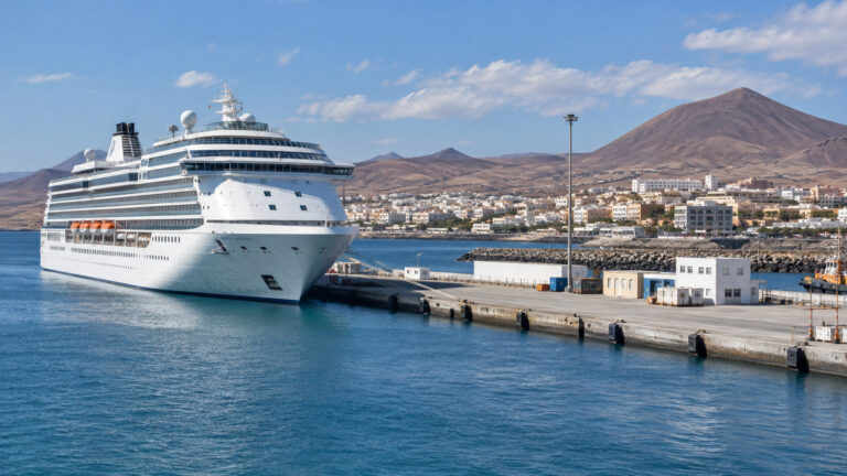 Cruise ship at the working harbor of Puerto del Rosario on Fuerteventura