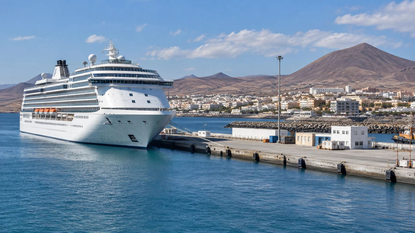 Cruise ship at the working harbor of Puerto del Rosario on Fuerteventura