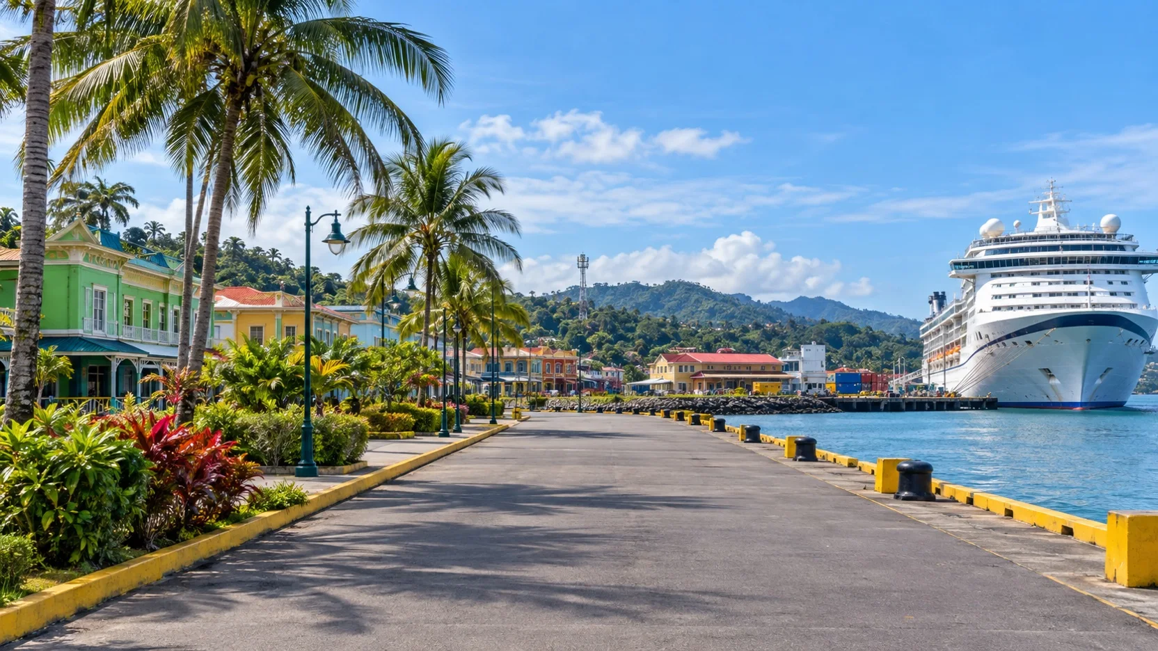 Puerto Limón harbor road with a cruise ship and tropical town buildings
