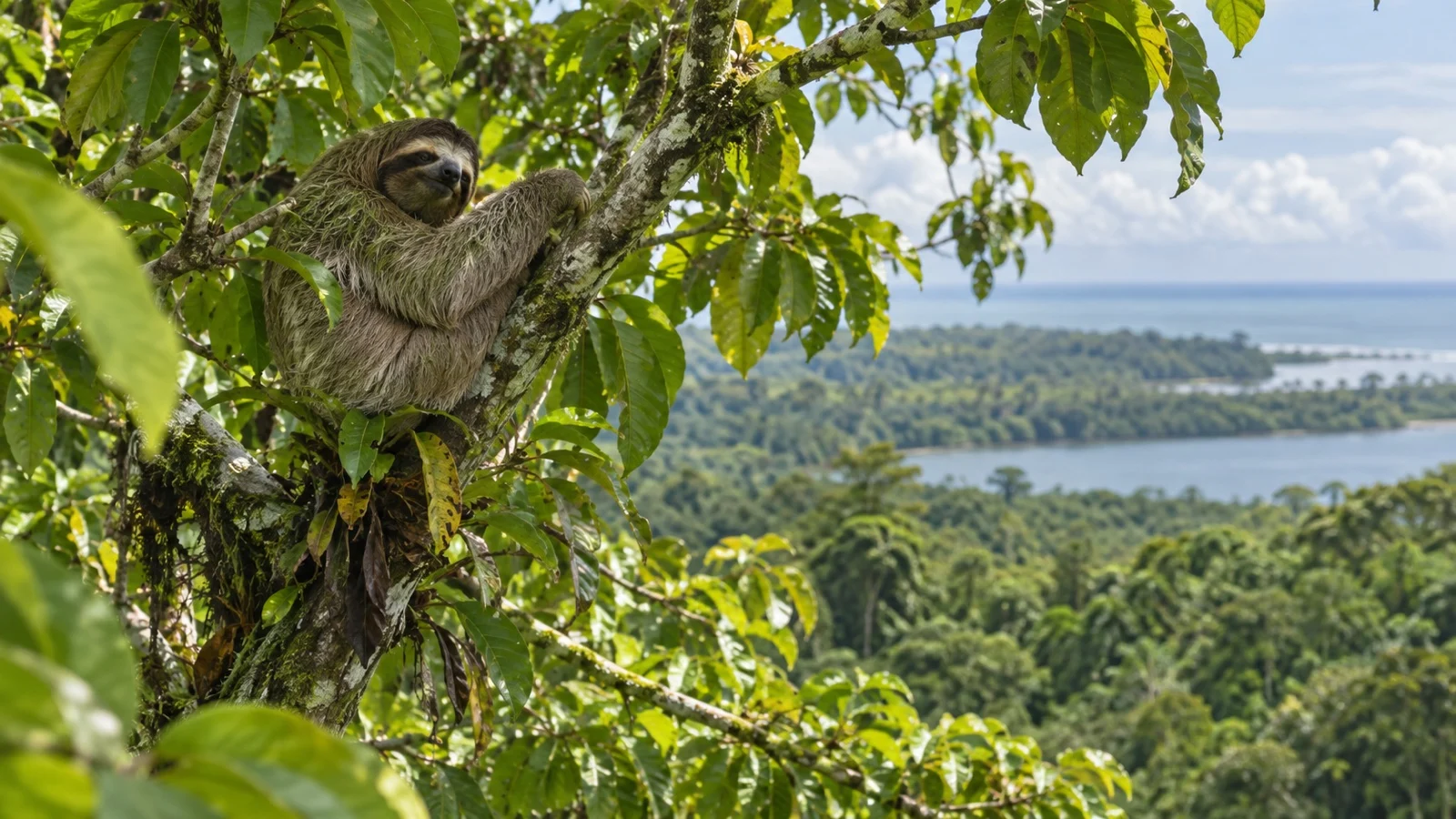 Sloth resting high in rainforest canopy near Puerto Limón