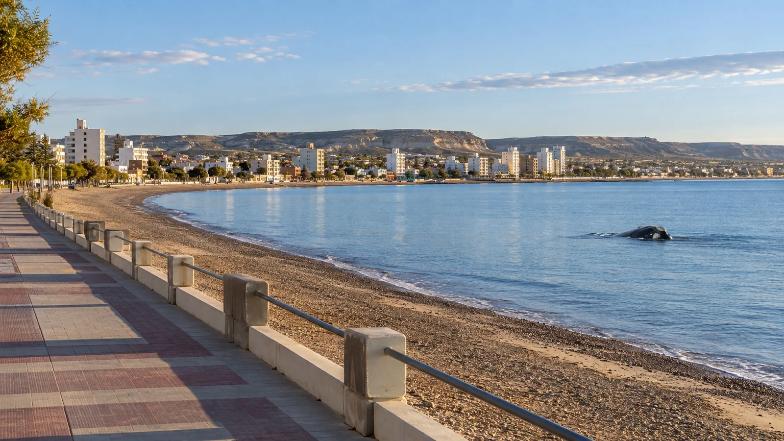 Puerto Madryn promenade beside the calm water of Golfo Nuevo
