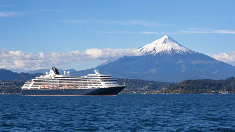 A cruise ship offshore from Puerto Montt with Chile's Lake District mountains behind