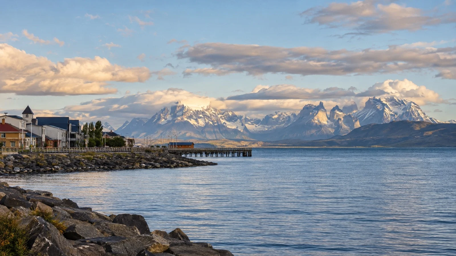 Puerto Natales waterfront overlooking Last Hope Sound and distant mountains