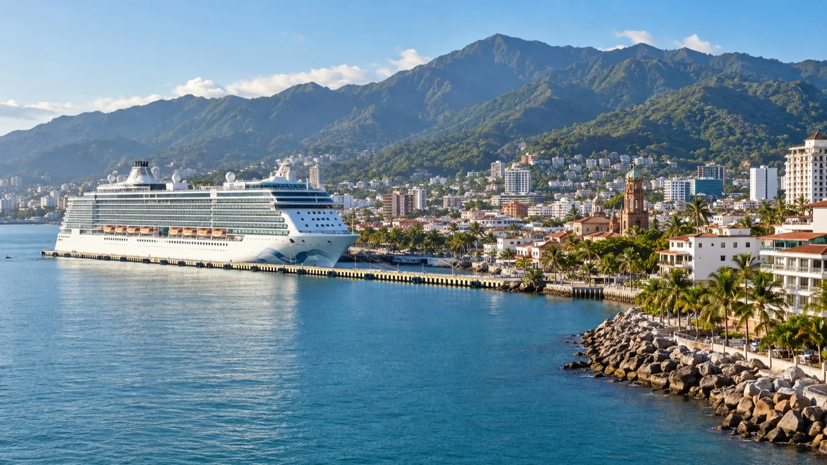 A cruise ship in Puerto Vallarta harbor beside Banderas Bay