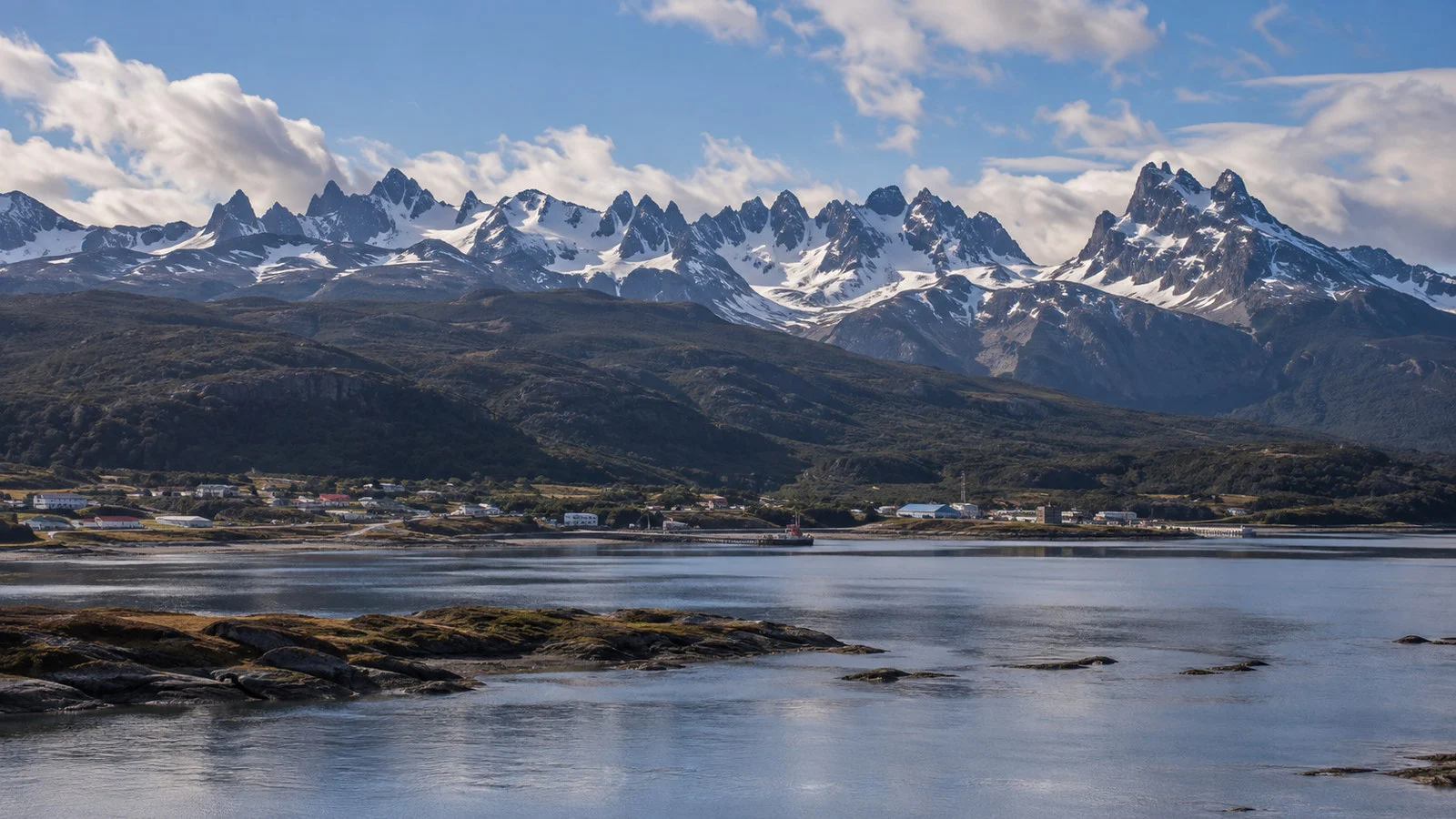Dientes de Navarino jagged mountain skyline rising above Puerto Williams Chile and Beagle Channel, no people