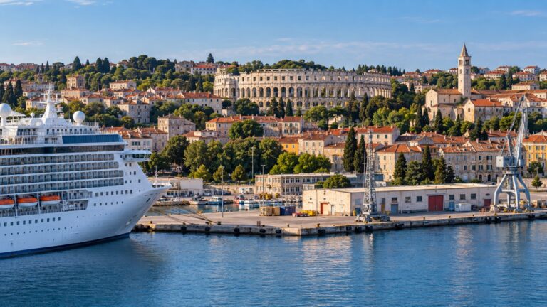 Cruise ship at Pula working port near the Roman Arena