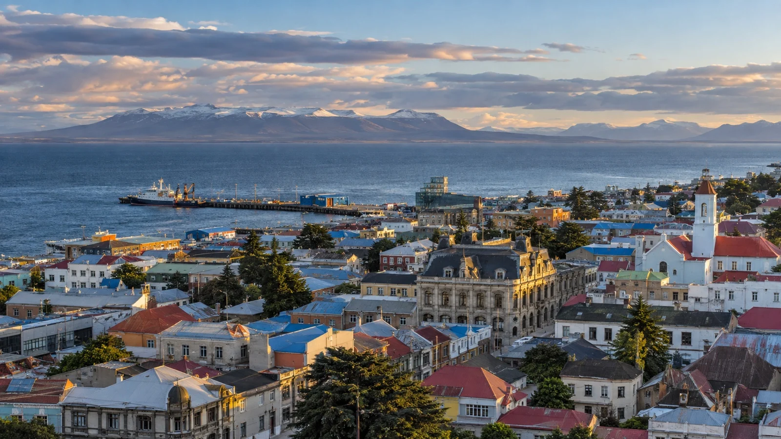 Panoramic Punta Arenas waterfront and central city grid with Strait of Magellan and distant hills