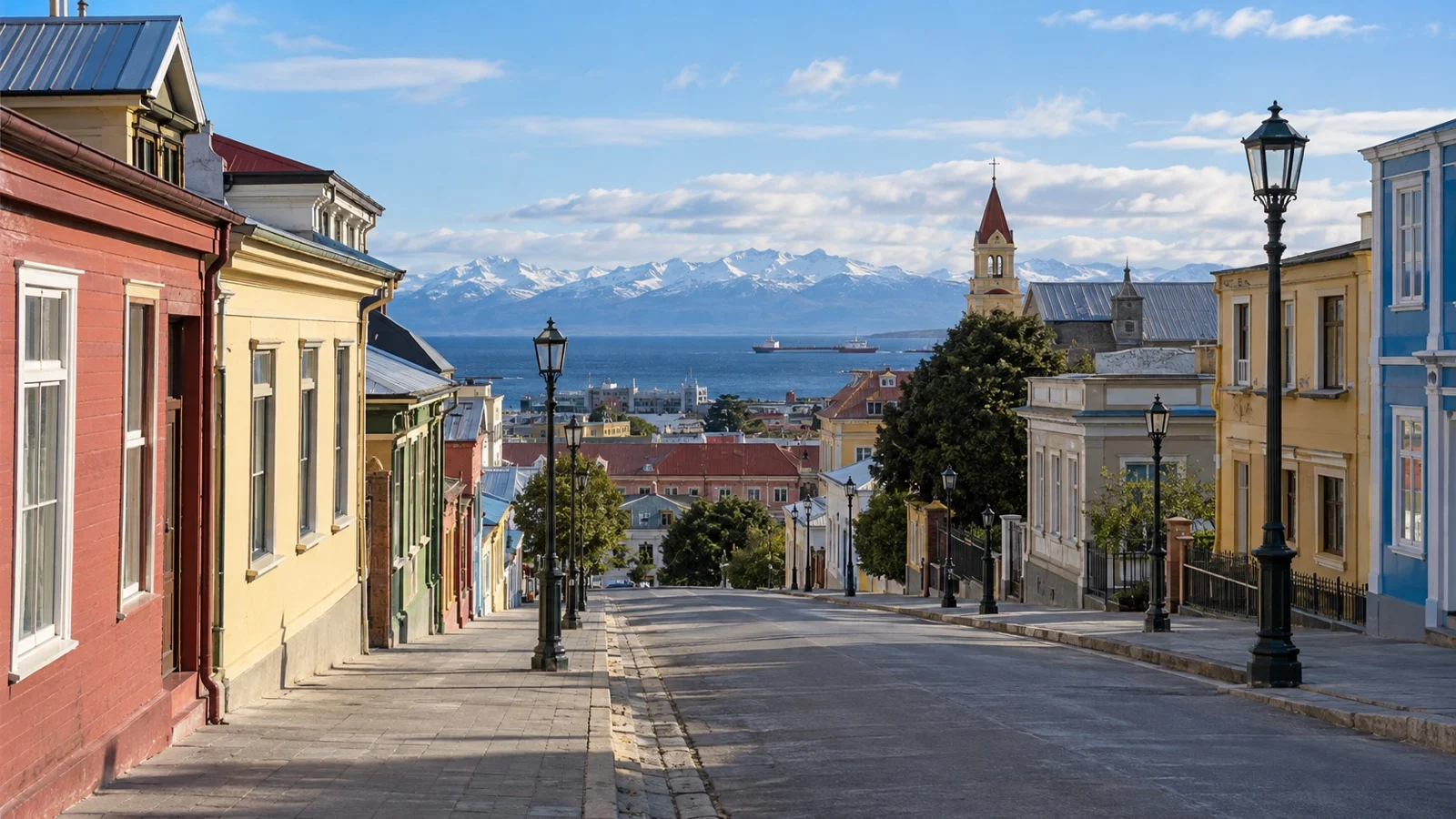 Central Punta Arenas street with modest hotels, colorful low buildings and clear Patagonian daylight