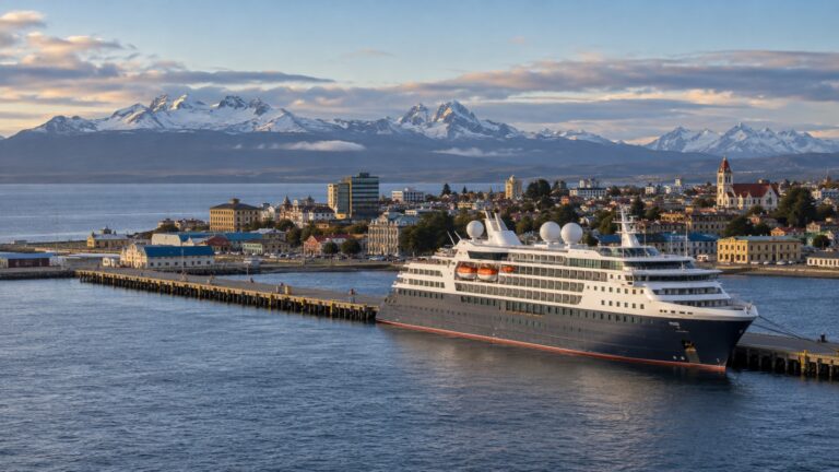 Arturo Prat cruise pier in Punta Arenas with an expedition ship docked on the Strait of Magellan and Patagonian city behind