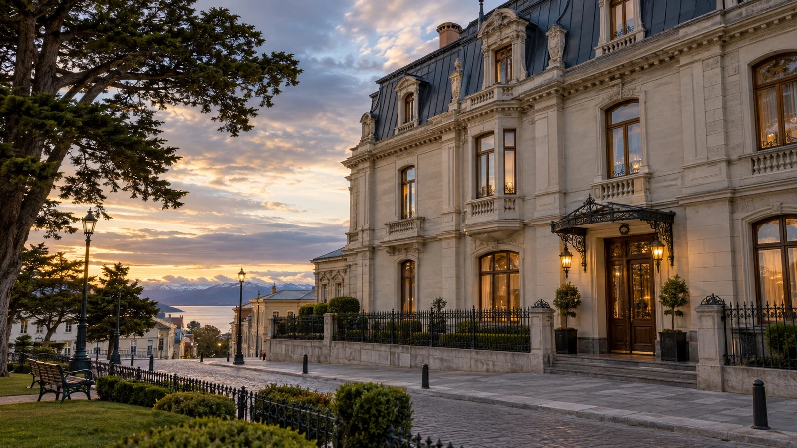Elegant restored historic Patagonian hotel exterior near Plaza Muñoz Gamero in Punta Arenas