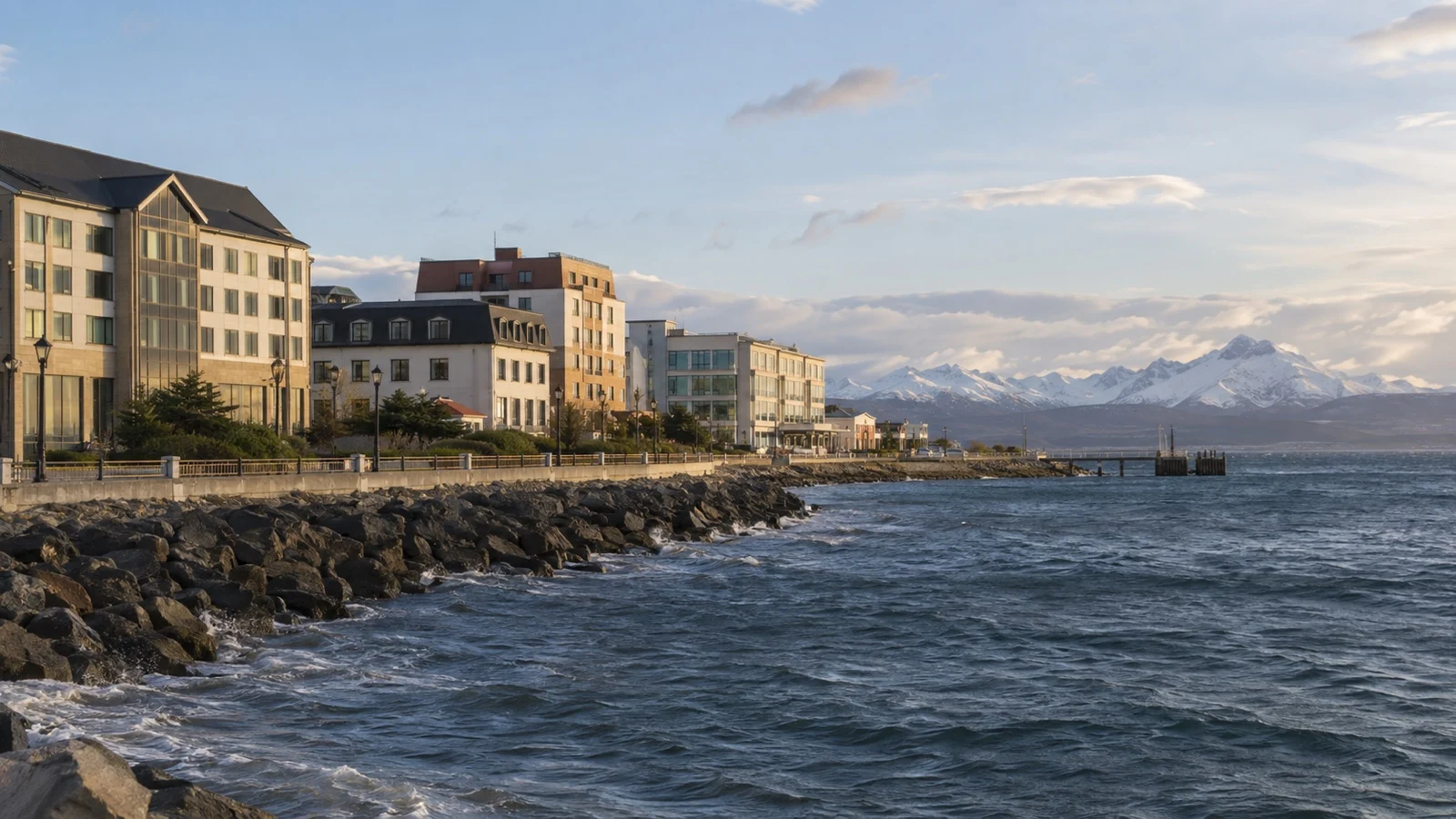 Punta Arenas waterfront with midrange hotel buildings facing the Strait of Magellan