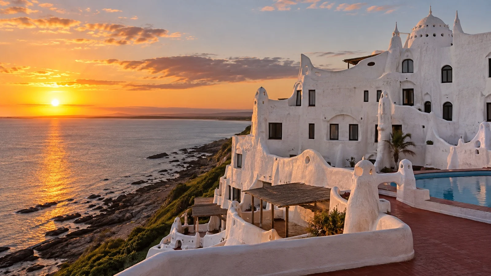 Casapueblo’s sculptural white buildings above the sea at Punta Ballena