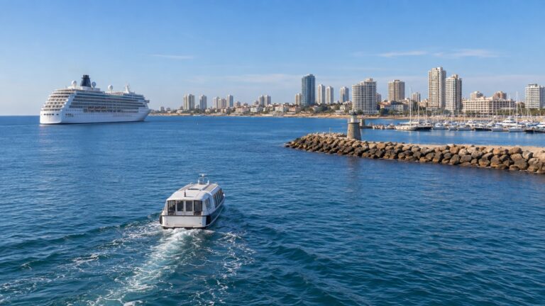 Tender boat approaching Punta del Este from a cruise ship offshore