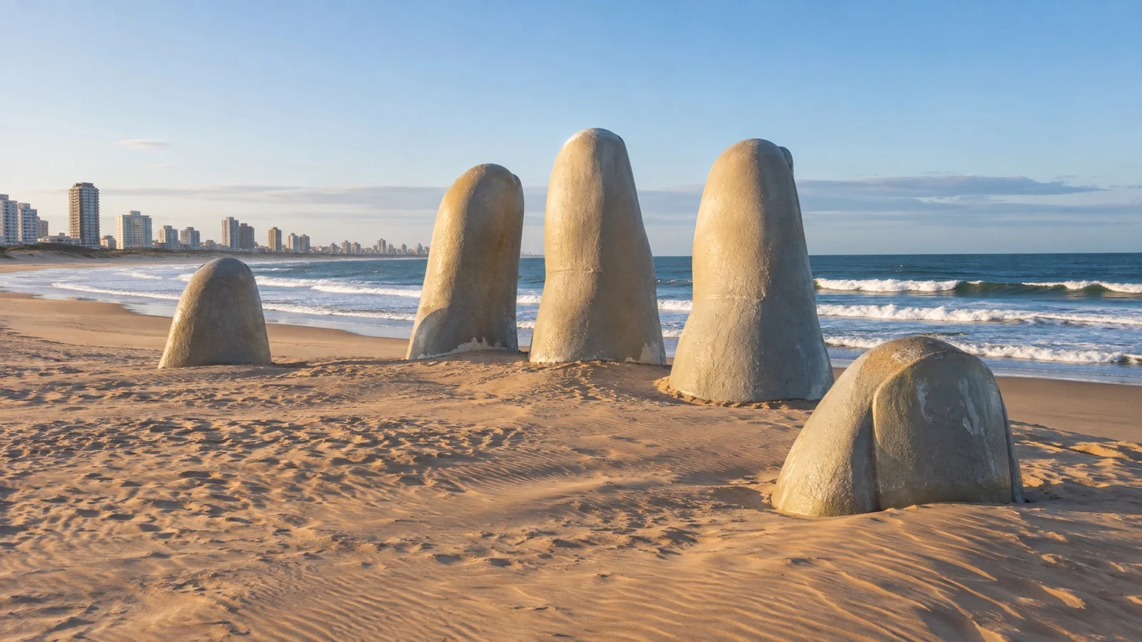 La Mano hand sculpture rising from the sand at Punta del Este