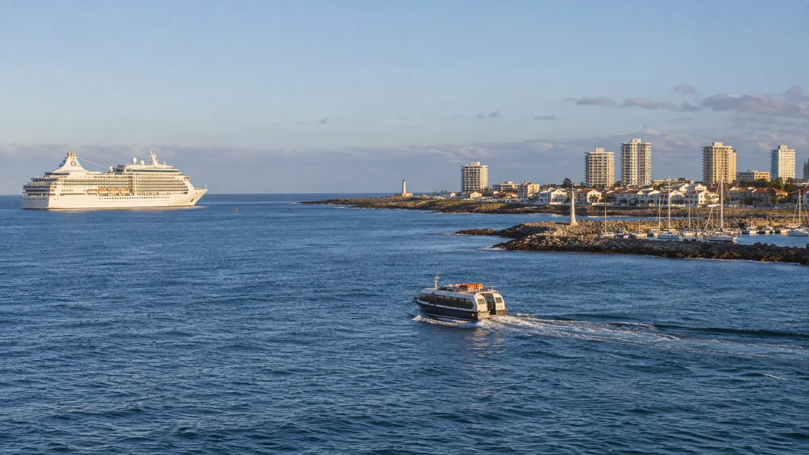 Tender boat approaching Punta del Este harbor from a cruise ship