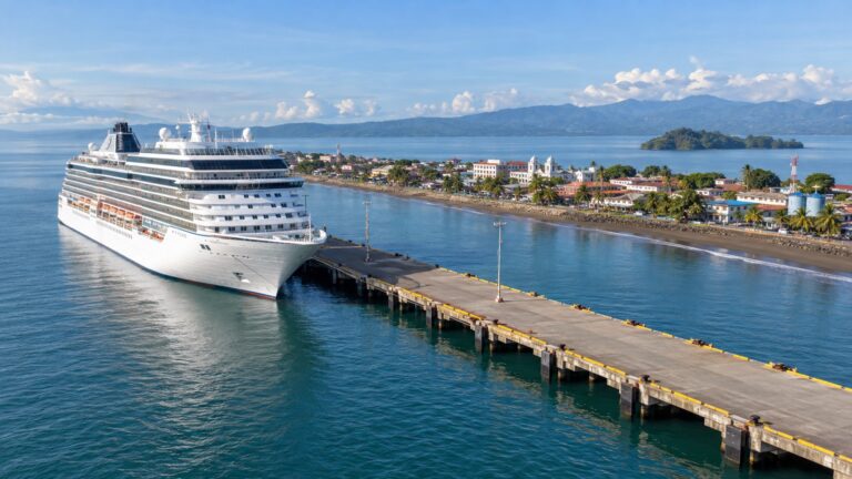 Cruise ship at Puntarenas city pier beside the Gulf of Nicoya