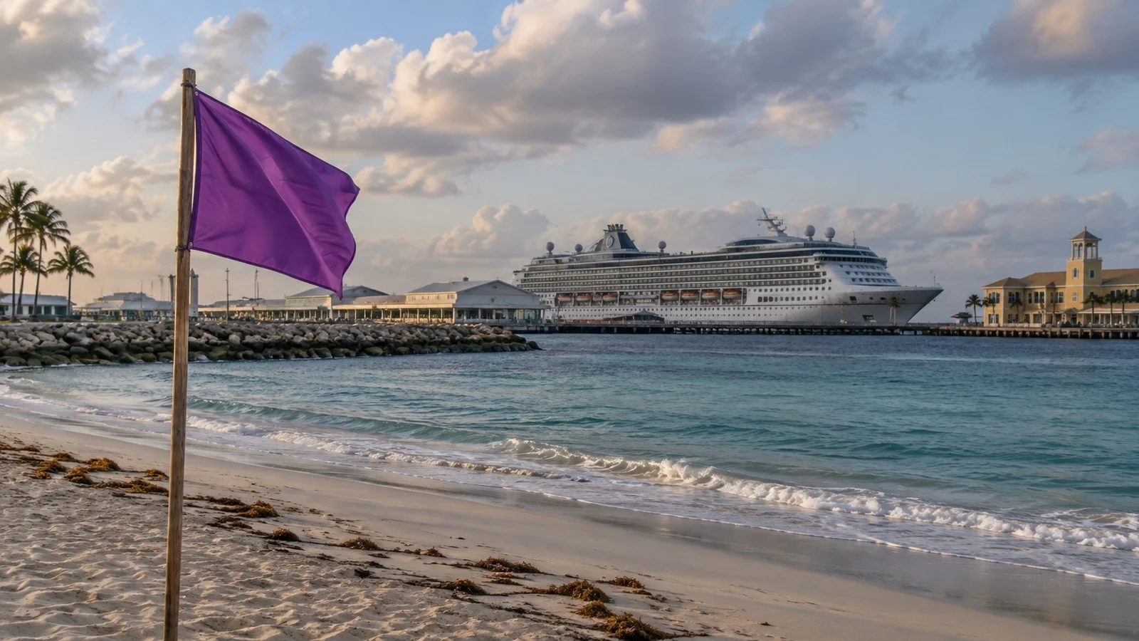 Purple marine-life warning flag on empty beach near cruise port, no readable text