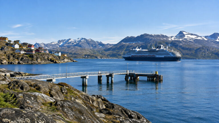 Cruise ship beyond the tender pier in Qaqortoq Greenland
