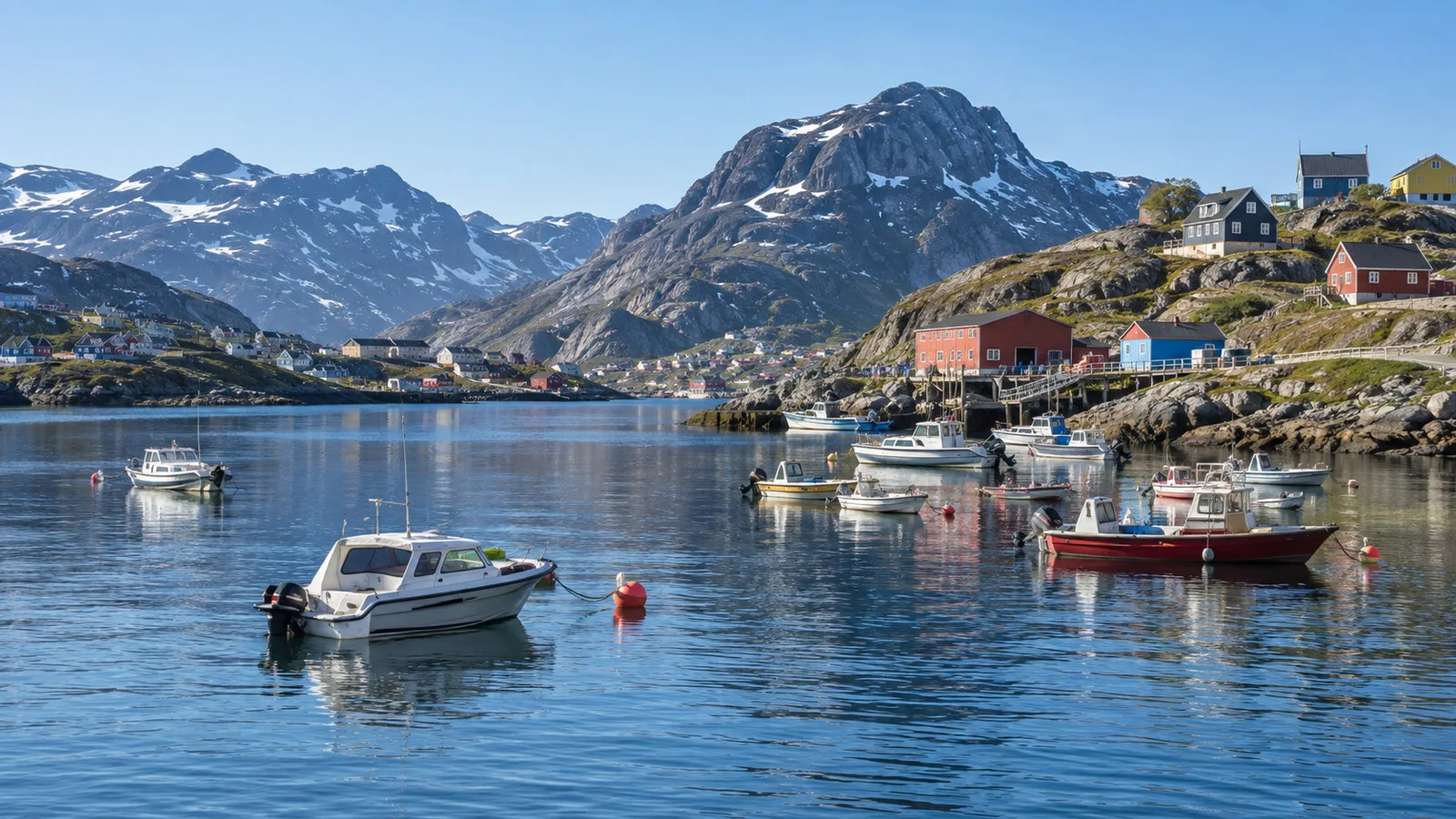 Mountain-ringed Qaqortoq harbor and small boats