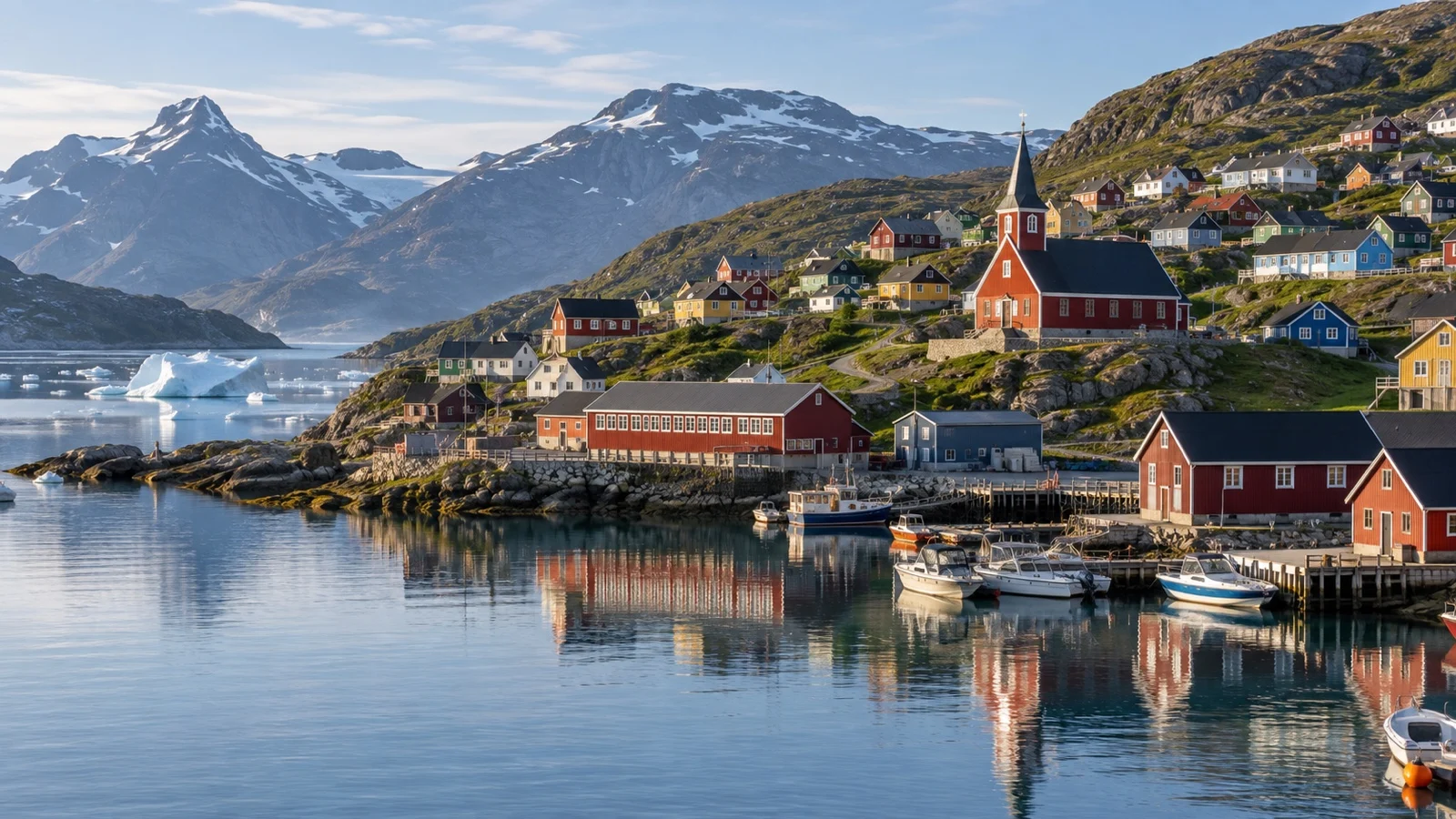 Qaqortoq waterfront and red church in South Greenland