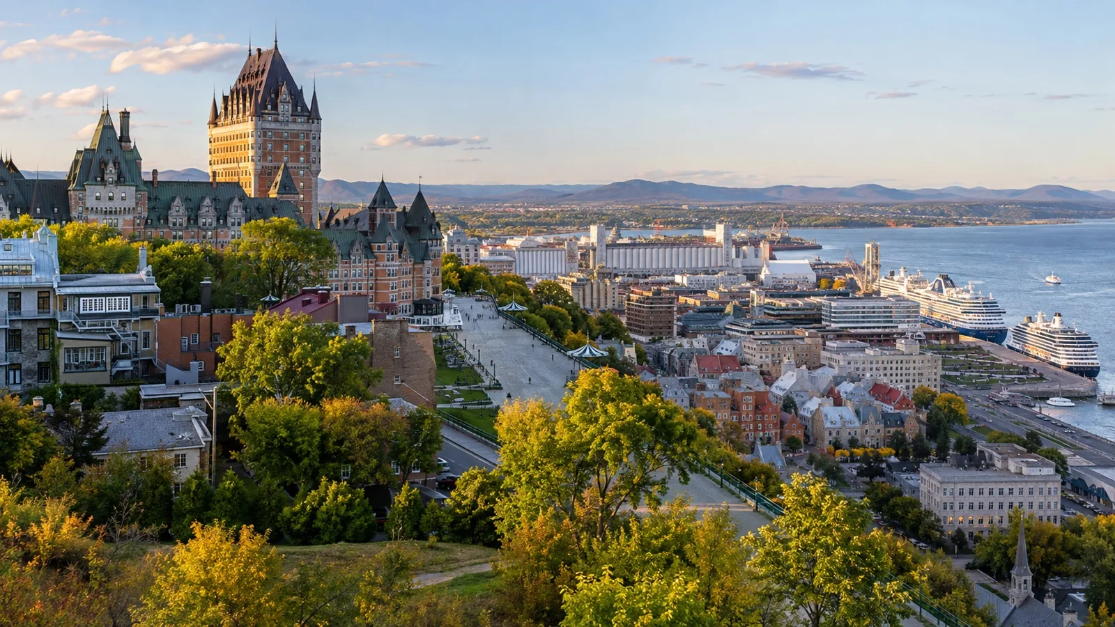 Panoramic view of Upper Old Québec and Lower Town with the St. Lawrence River and cruise waterfront