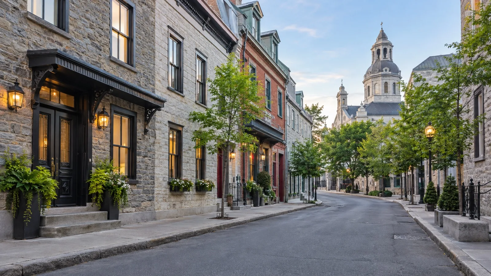 Saint-Roch district in Québec City with small hotels, historic low-rise buildings and quiet streets