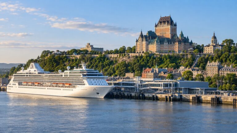 Québec City cruise terminal in the Old Port with a white cruise ship docked below the historic upper town and Château Frontenac